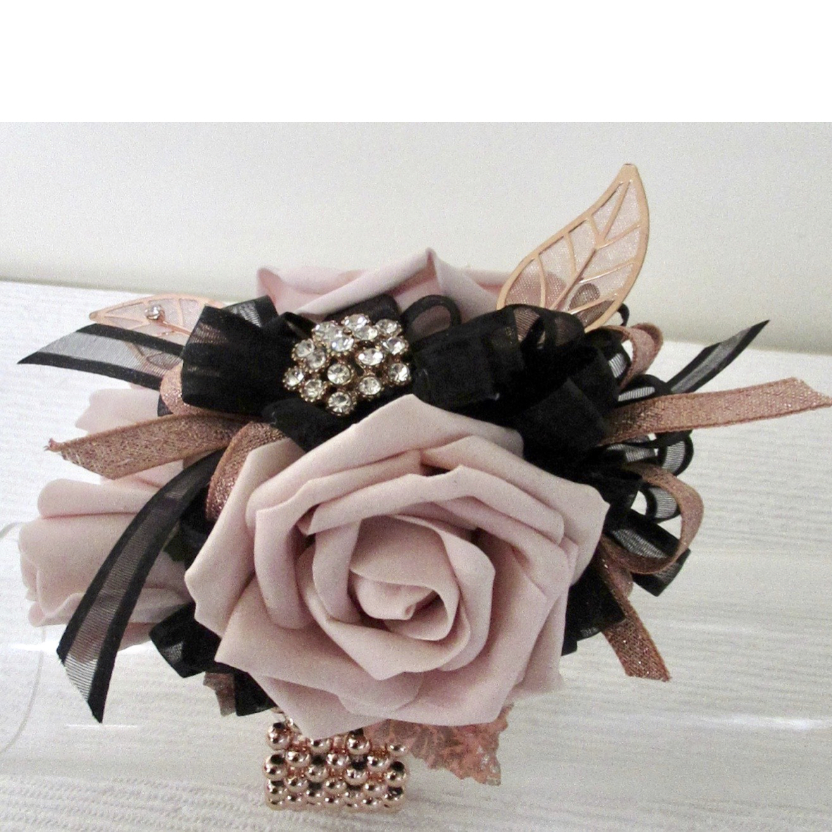 Blush & Black Wrist Corsage with Rose Gold Embellishments